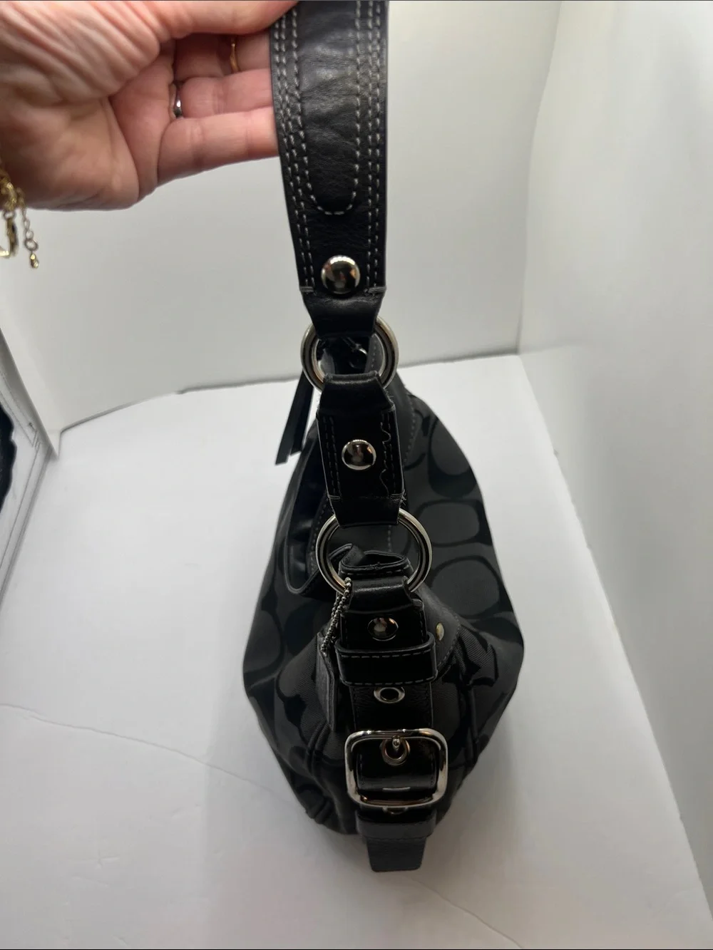 Coach Zoe Signature Hobo / Shoulder Bag in Black & Grey Signature Canvas -12657